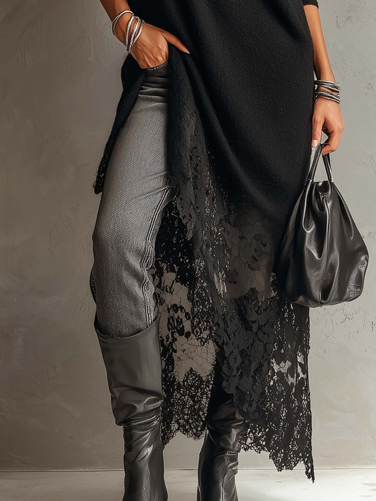 Black Loose Fit Mohair Knit Midi Dress With Lace Hem