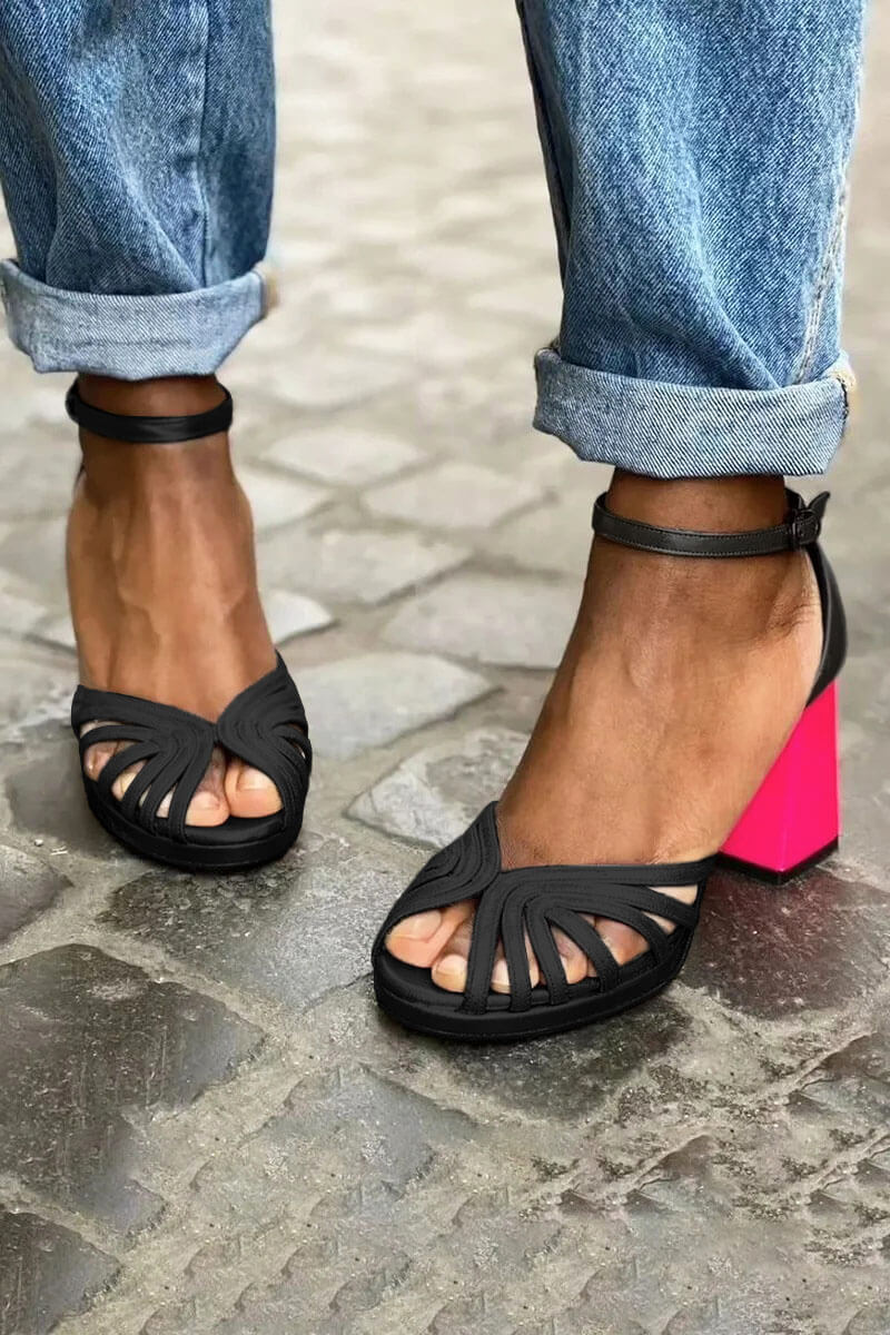 Tacchi larghi peep toe color block brillanti eleganti con cinturino alla caviglia e fibbia