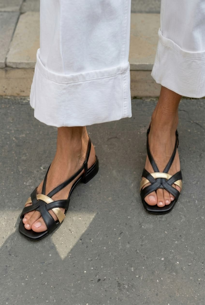 Sandali slingback a punta quadrata con cinturini incrociati, cinturini e tacco basso