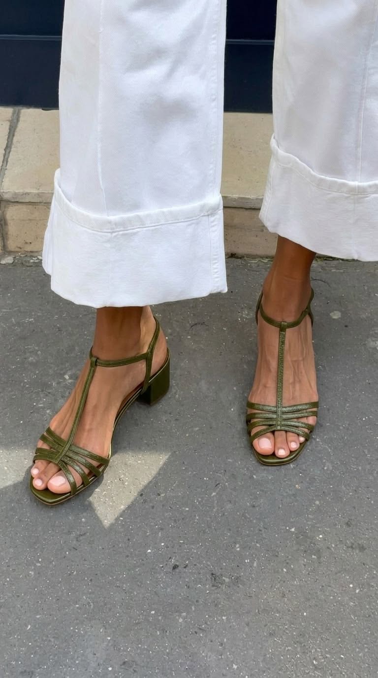 Sandali metallizzati con fibbia, cinturino a T e tacco a blocco