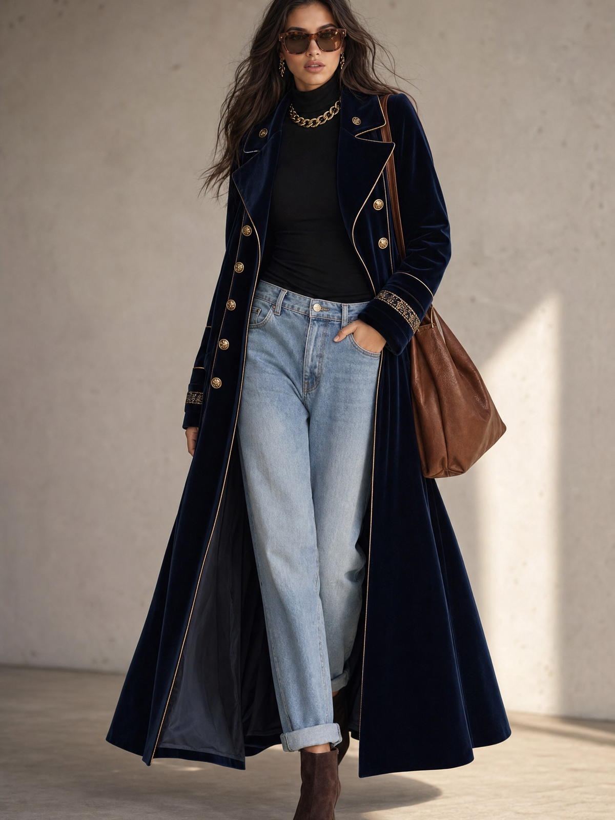 Cordelia | Long Velvet Double-Breasted Coat with Golden Trimmings, Navy Blue