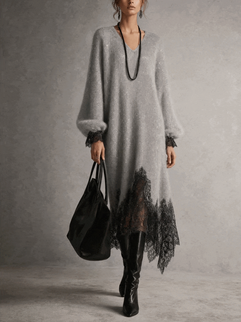 Grazia | Grey Midi Knit Dress with Lace Hem