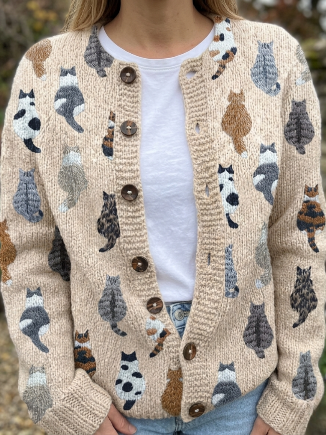Chiaraa | Cardigan con Stampa di Gatti Accogliente