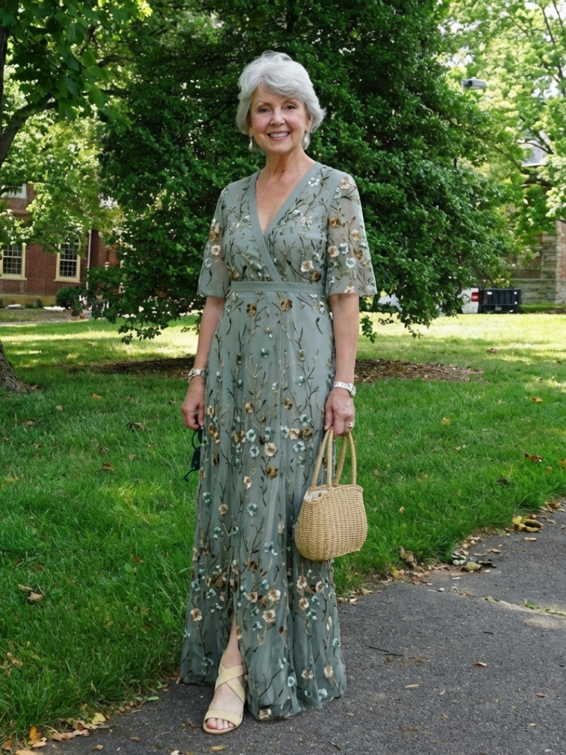 Evadne | Abito Maxi a V Fiori con Maniche Corte