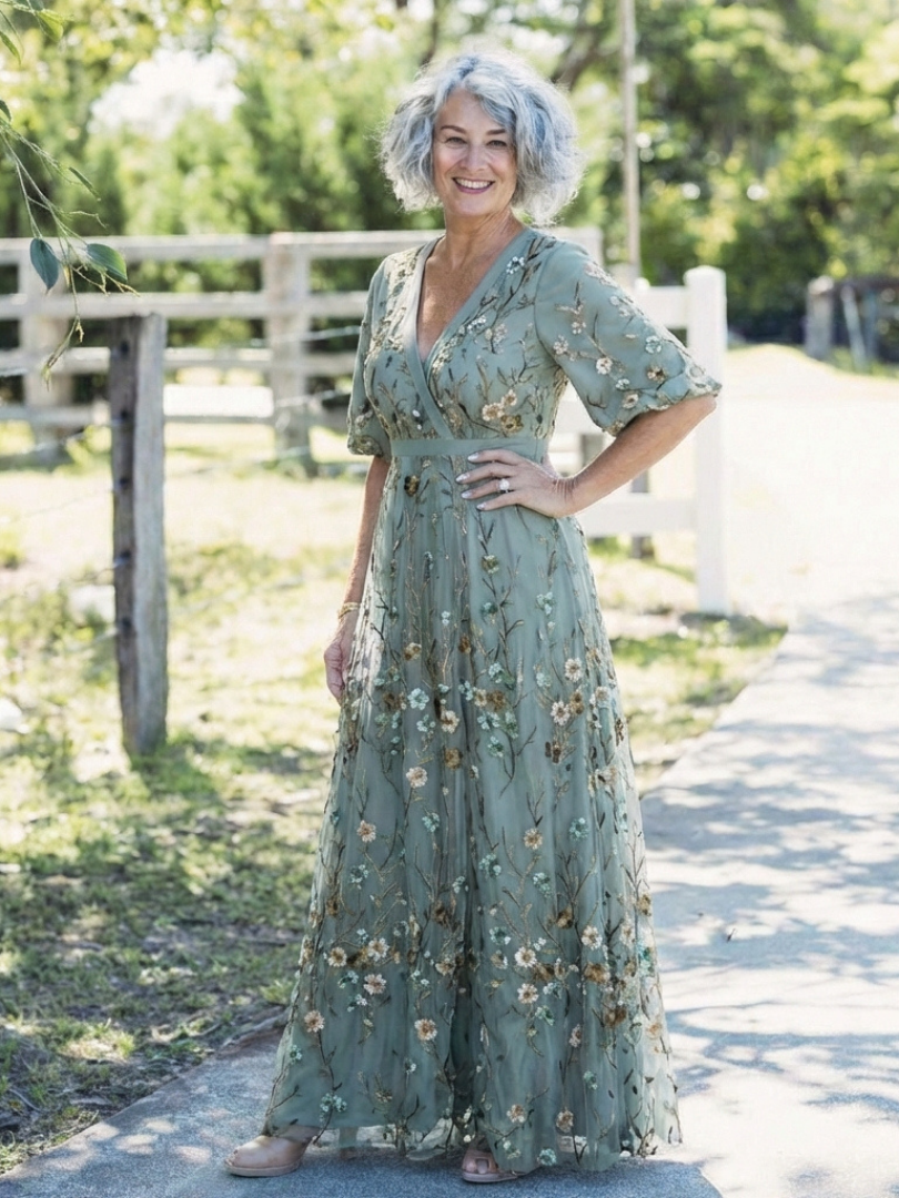 Evadne | Abito Maxi a V Fiori con Maniche Corte