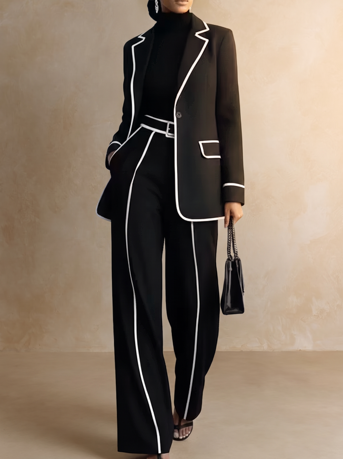 Clementina | Complete Blazer and Trousers with Contrast Trim, Black