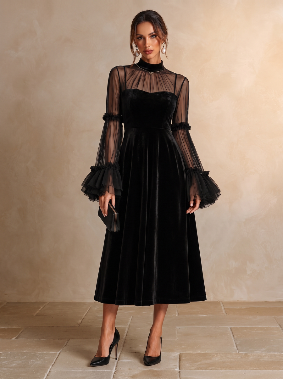 Berenice | Midi Velvet Dress with Tulle Sleeves, Black
