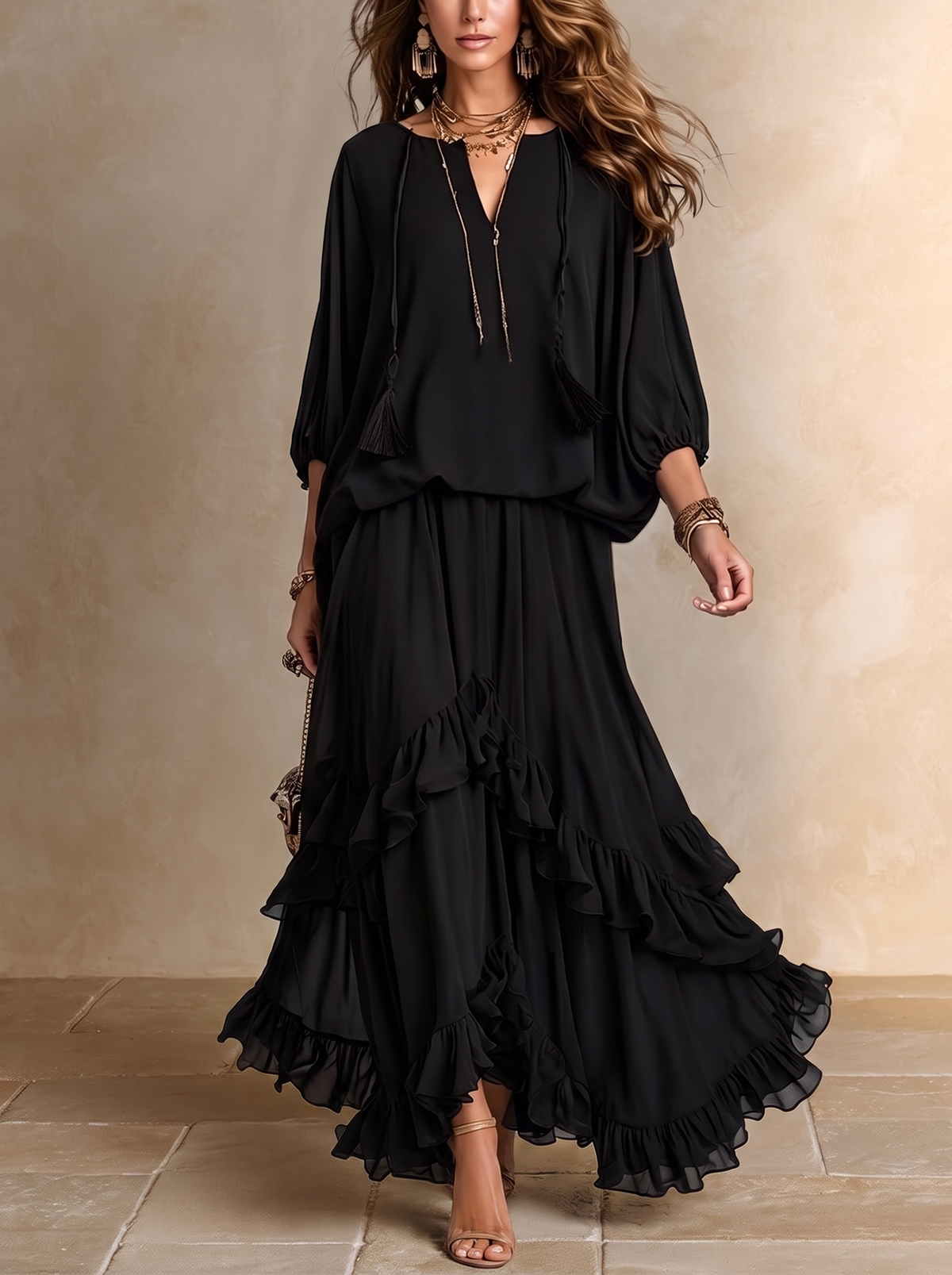 Annalisa | Chiffon Top and Ruffled Skirt Set, Black