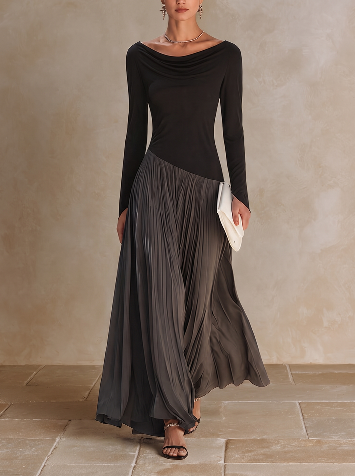Virginia | Maxi Plissé Dress with Draped Neckline, Black and Grey