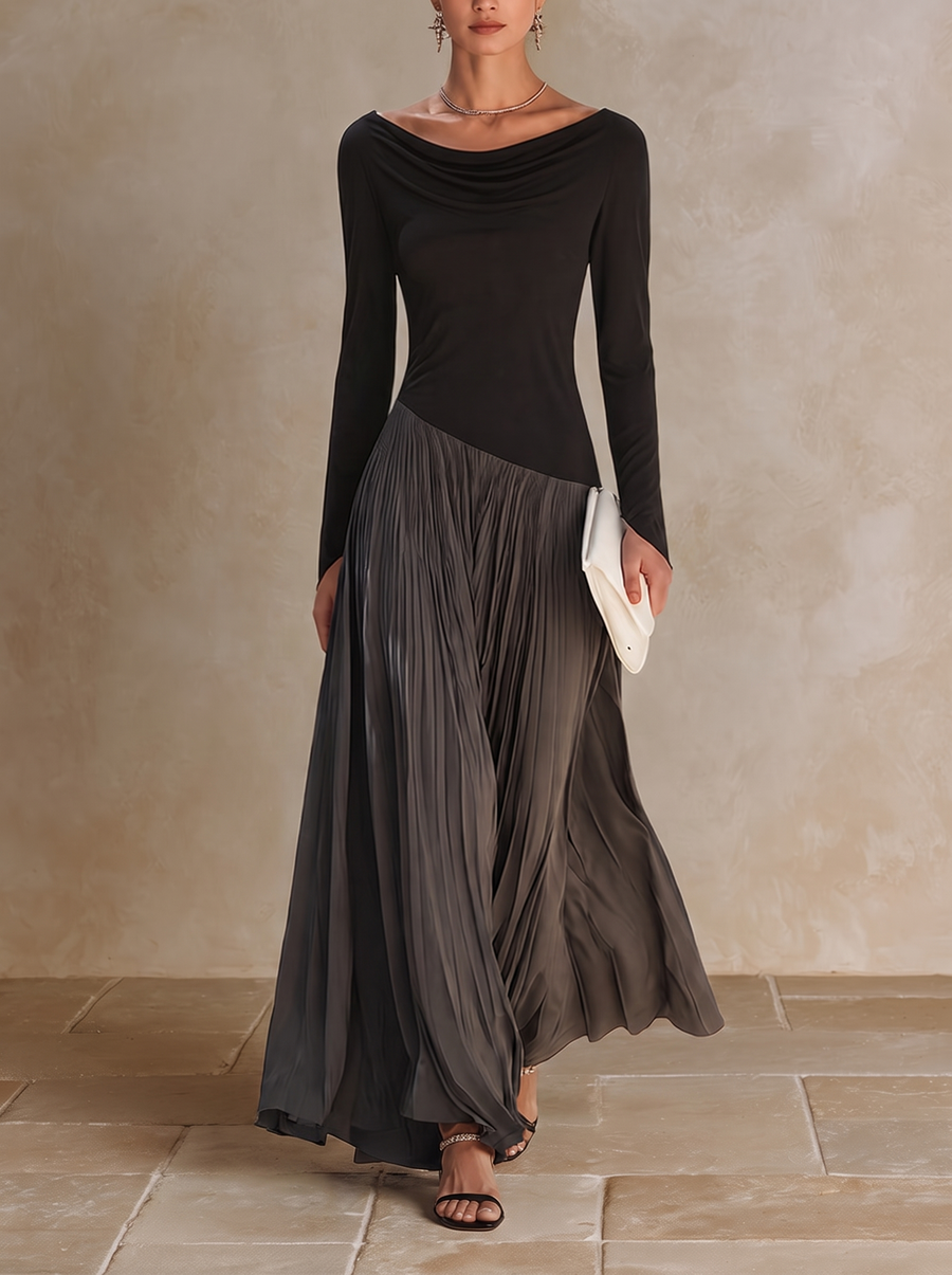 Virginia | Maxi Plissé Dress with Draped Neckline, Black and Grey