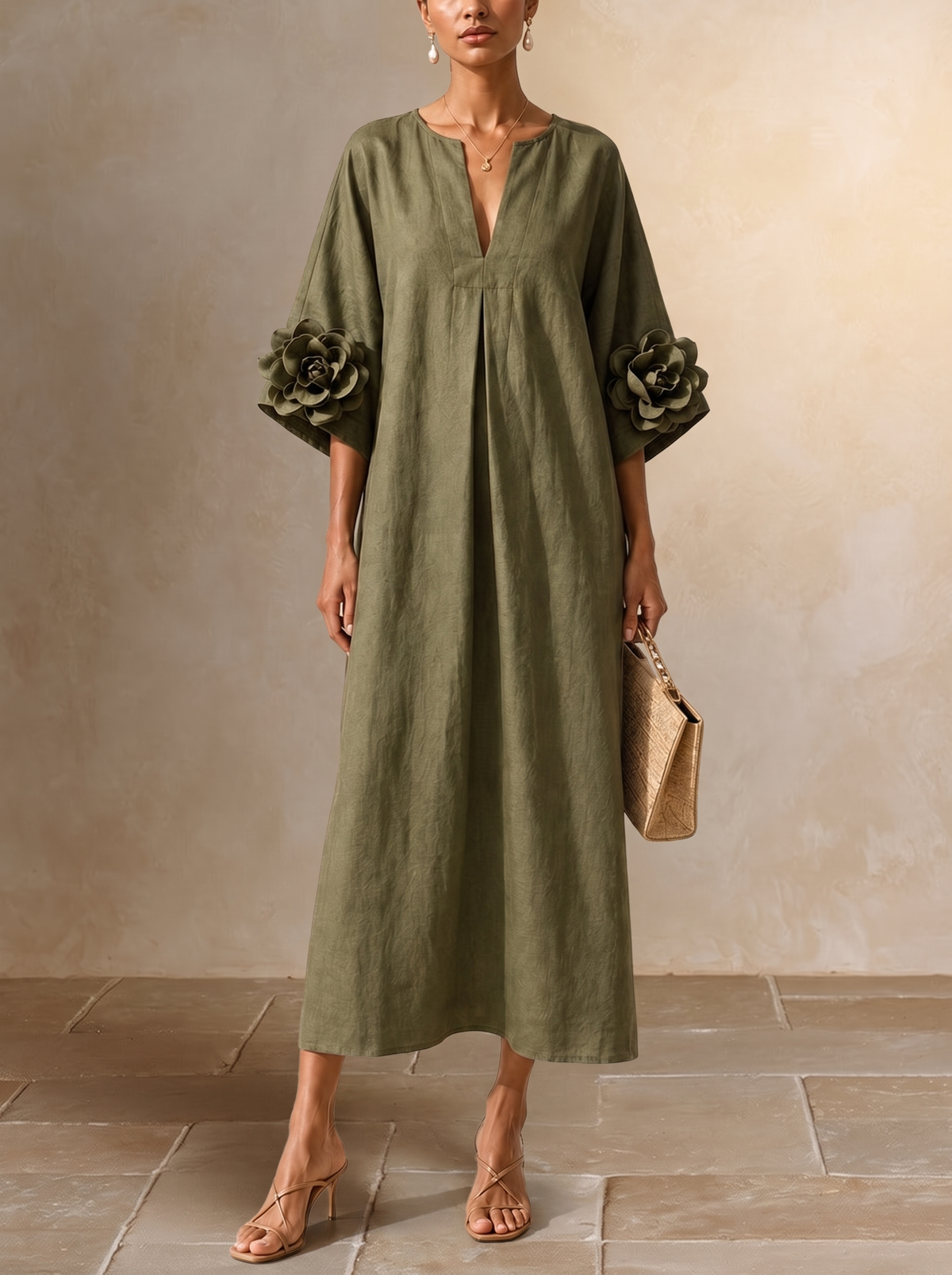 Floriana | Midi Dress with Fabric Flowers on the Sleeves, Olive Green