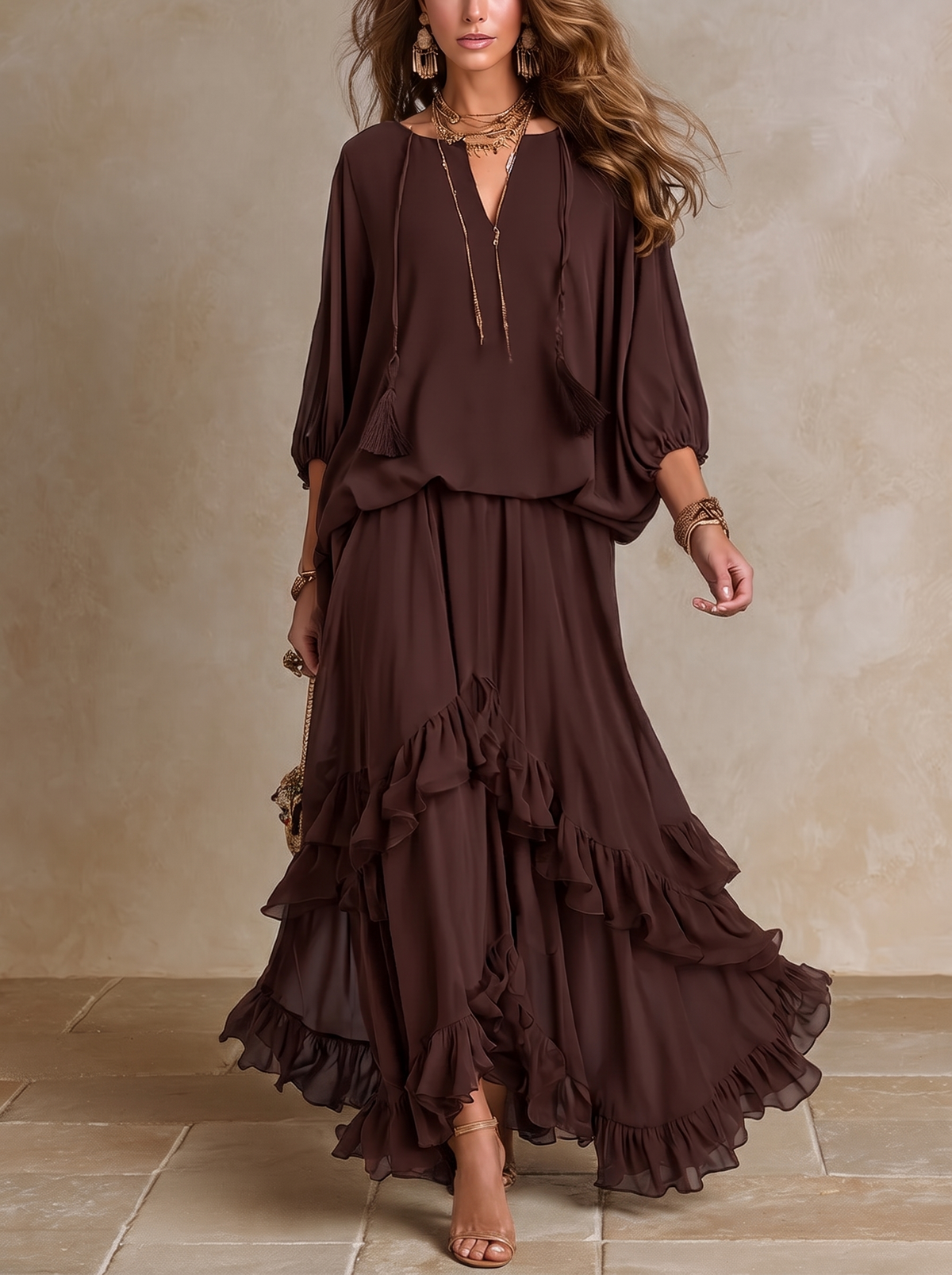 Dalila | Chiffon Top and Tiered Skirt Set, Chocolate
