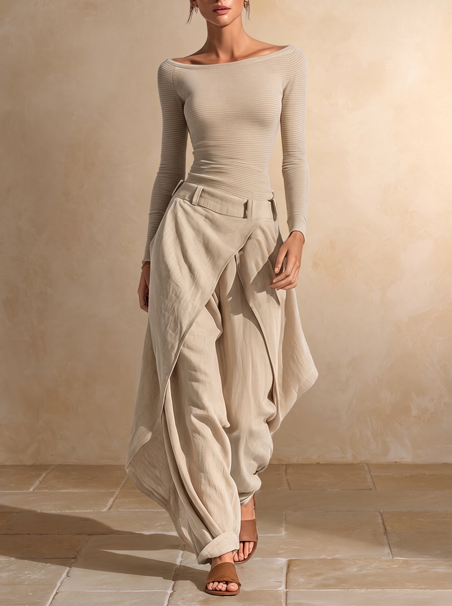 Orsola | Boat Neck Top and Layered Trousers, Beige