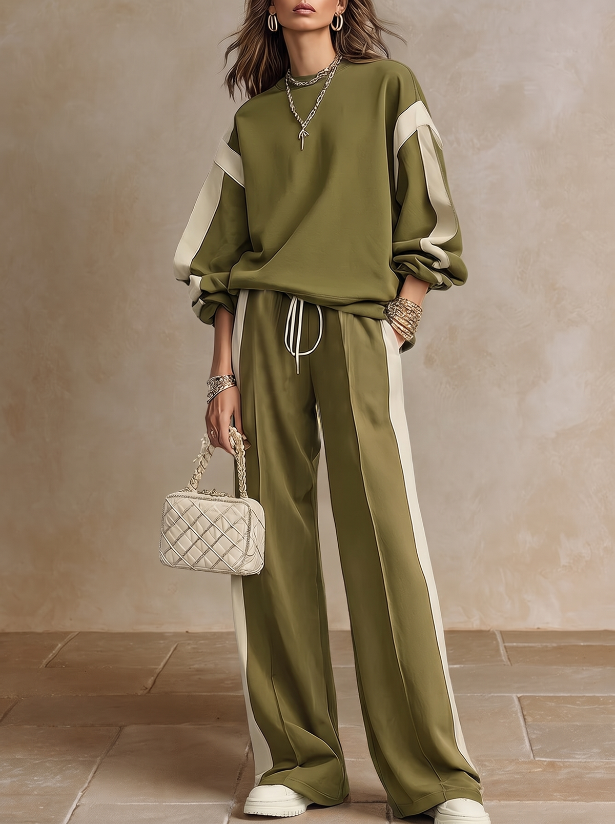 Romina | Complete Sweatshirt and Trouser Set with Side Stripe, Olive Green