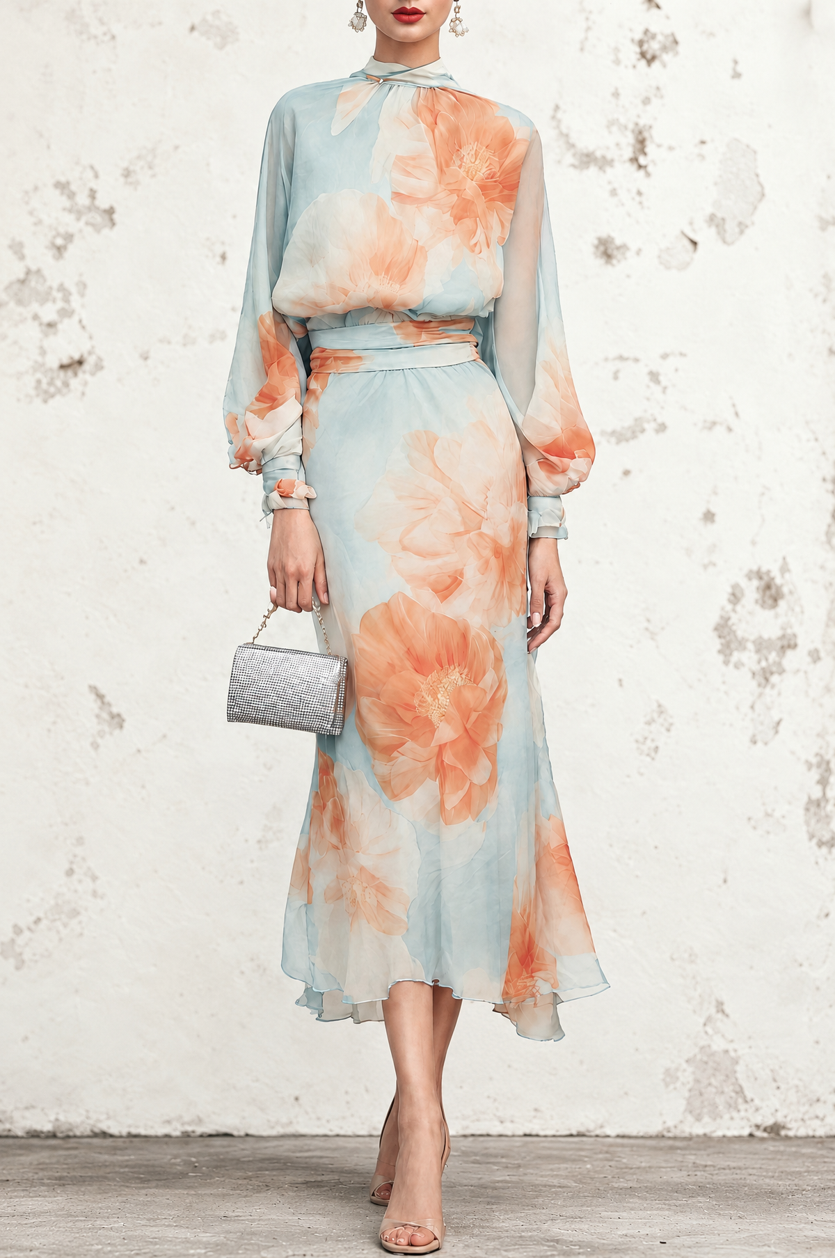 Emilia | Two-Piece Set: High-Neck Top with Long Sleeves and Romantic Floral Skirt