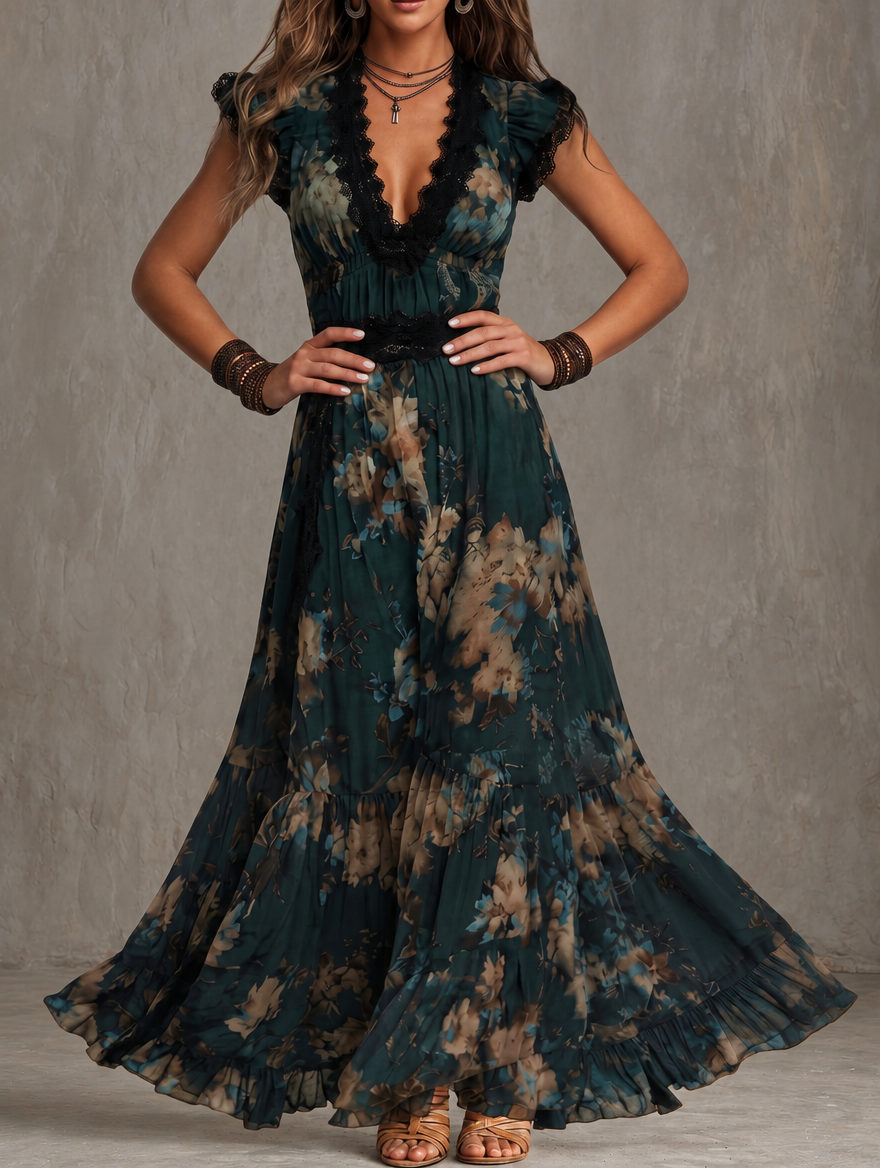 Lucia | Long vintage dark green chiffon dress with floral lace