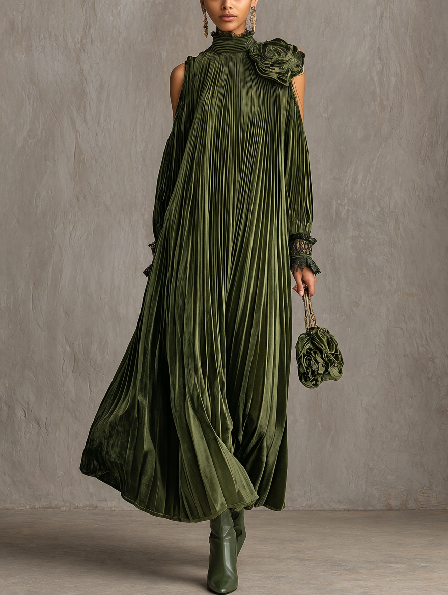 Rosa | Long pleated olive green dress with floral shoulder detail