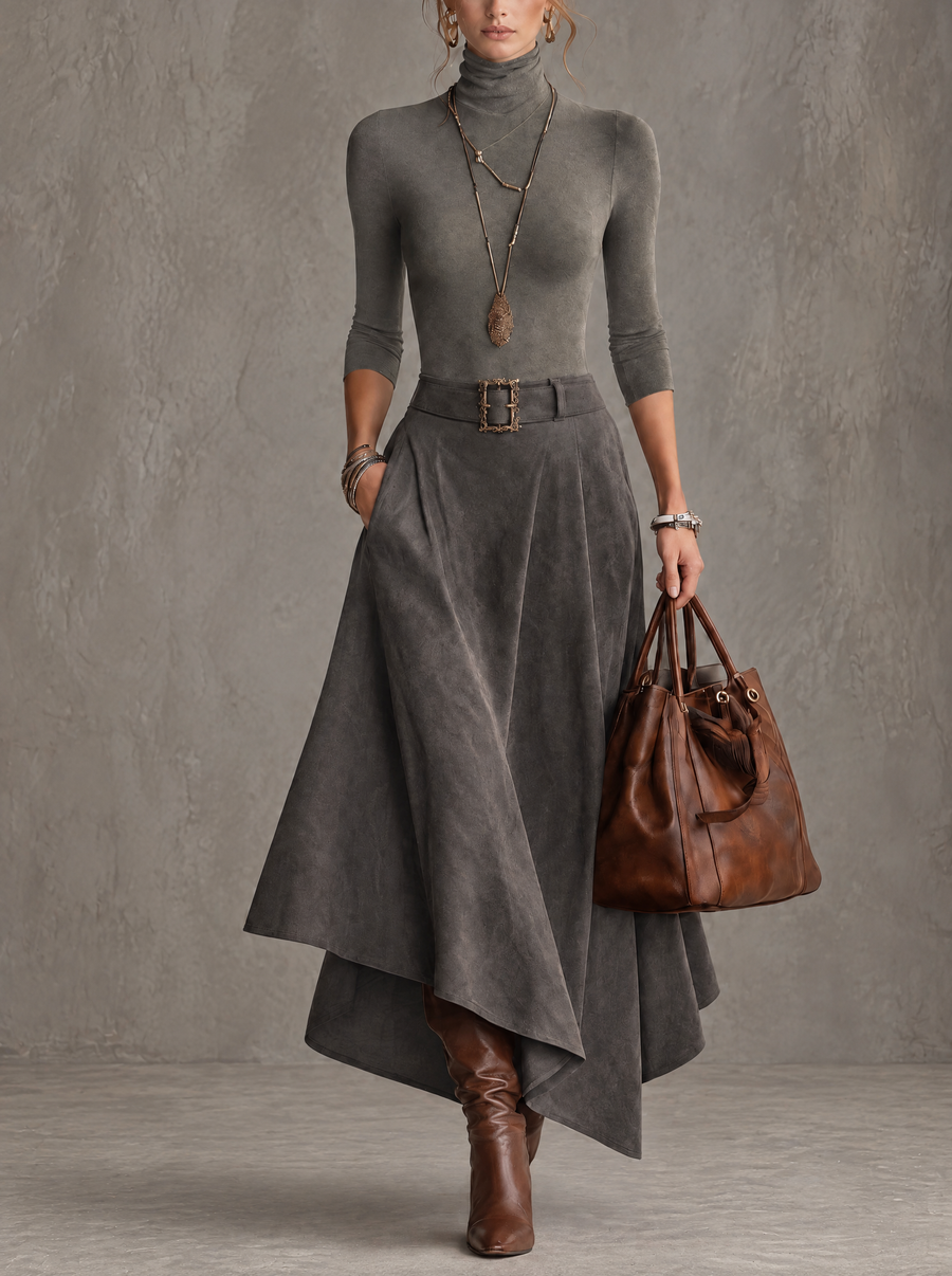 Francesca | Grey High Neck Top and Asymmetrical Midi Skirt in Synthetic Suede (with Belt)