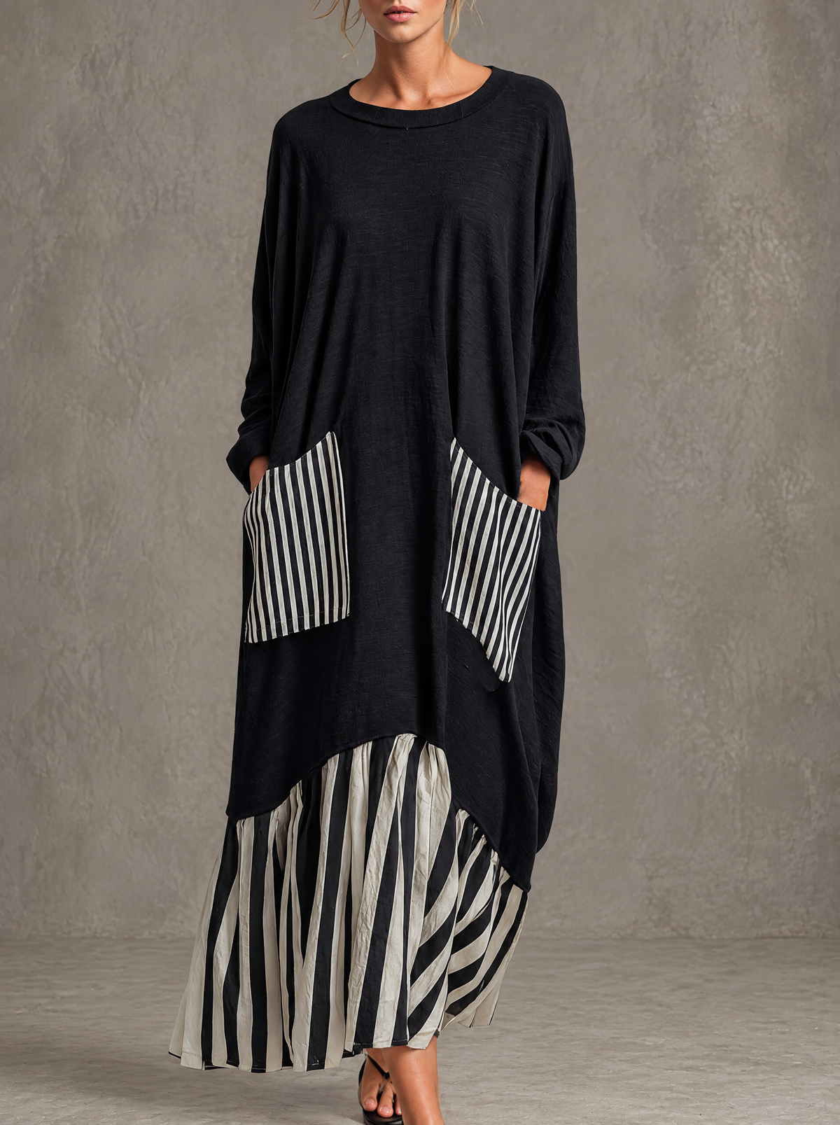 Stefania | Oversized Black Cotton Long Dress with Patchwork Stripes