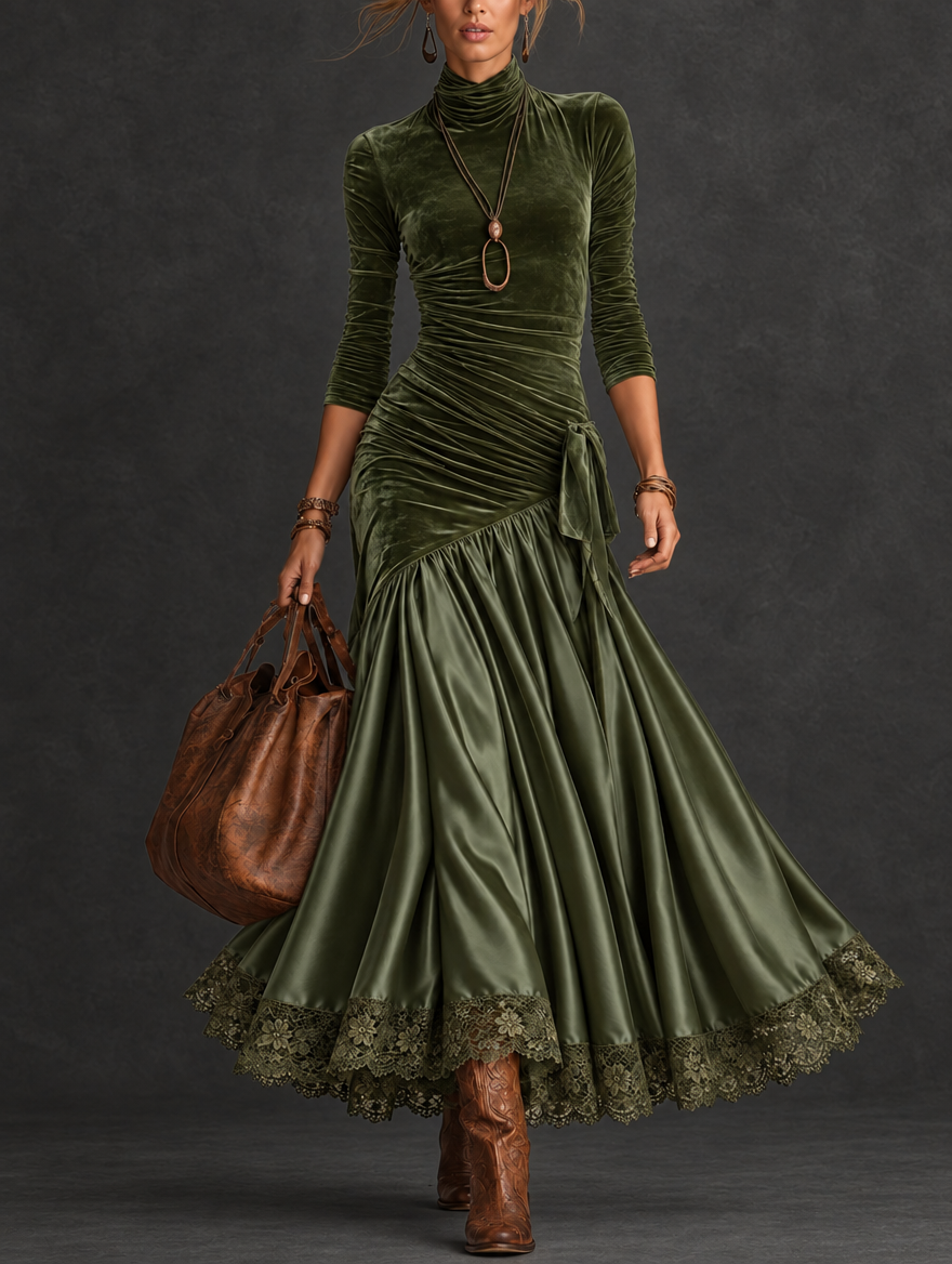 Antonella | Long velvet and satin dress with panels and olive green lace hem