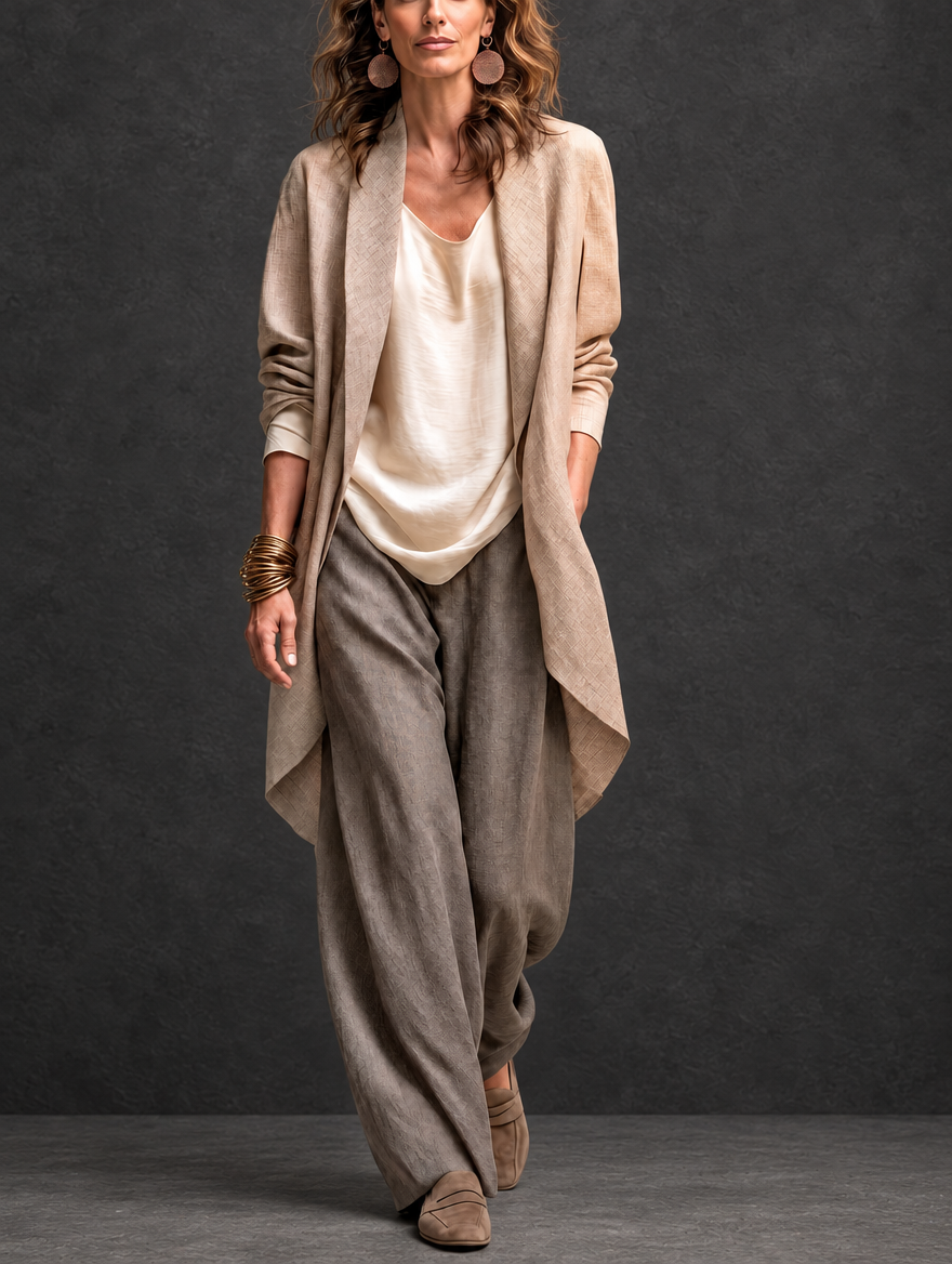 Costanza | Elegant Three-Piece Set in Beige and Grey with Layered Palazzo Trousers
