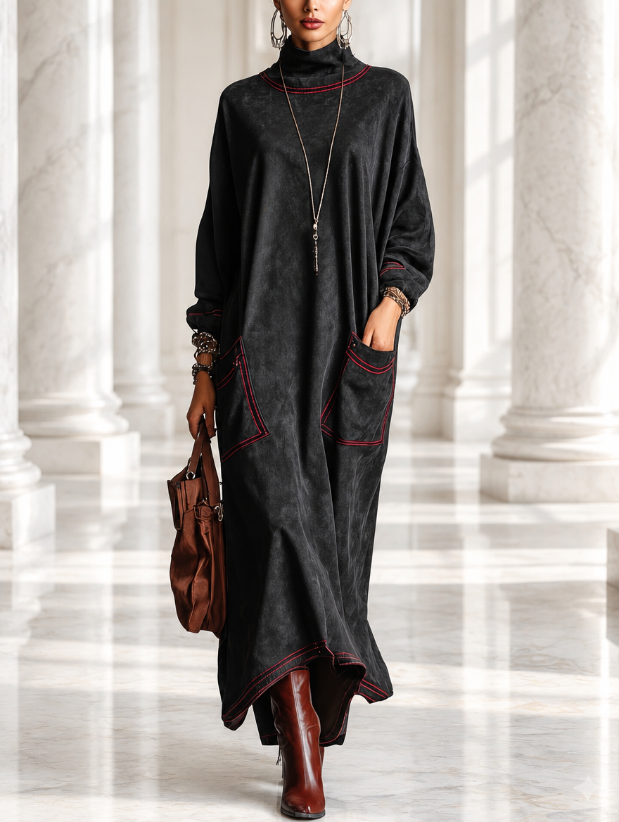 Manuela | Long black synthetic suede dress with contrasting red stitching and patch pockets