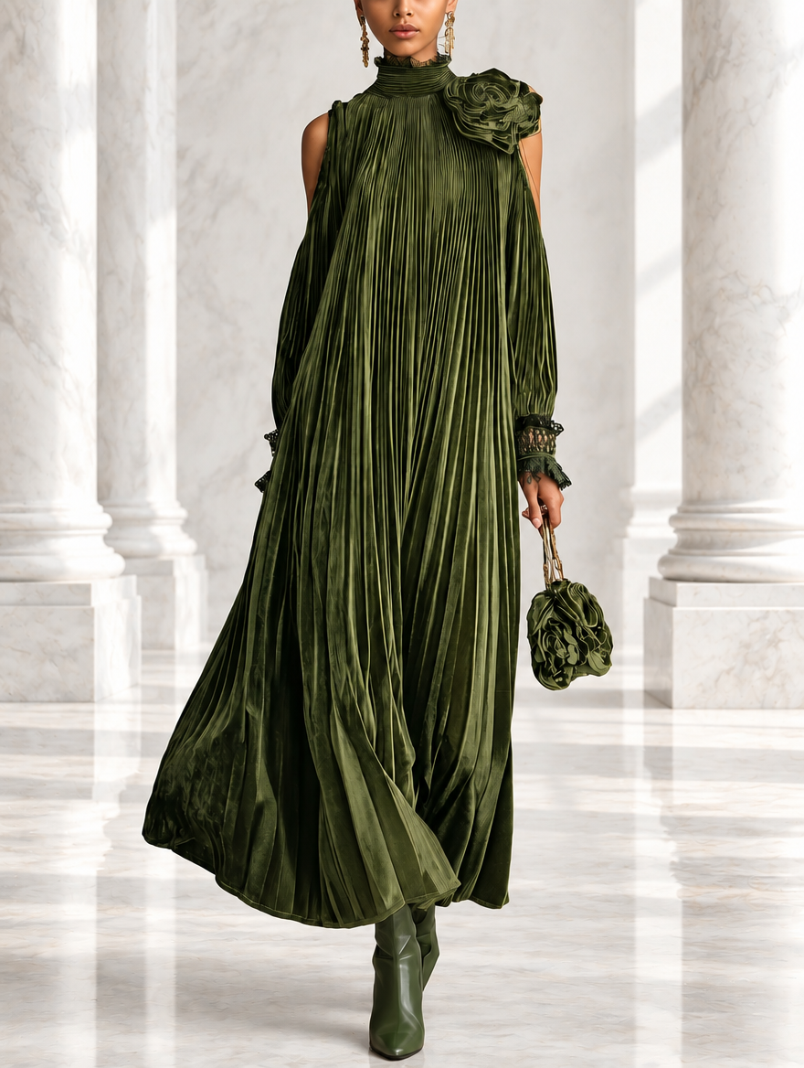 Rosa | Long pleated olive green dress with floral shoulder detail