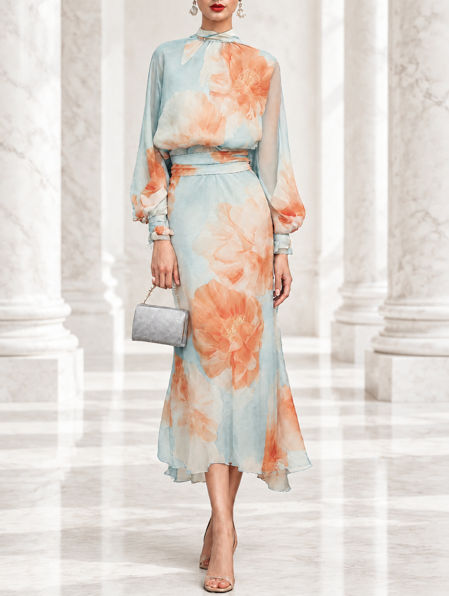 Emilia | Two-Piece Set: High-Neck Top with Long Sleeves and Romantic Floral Skirt