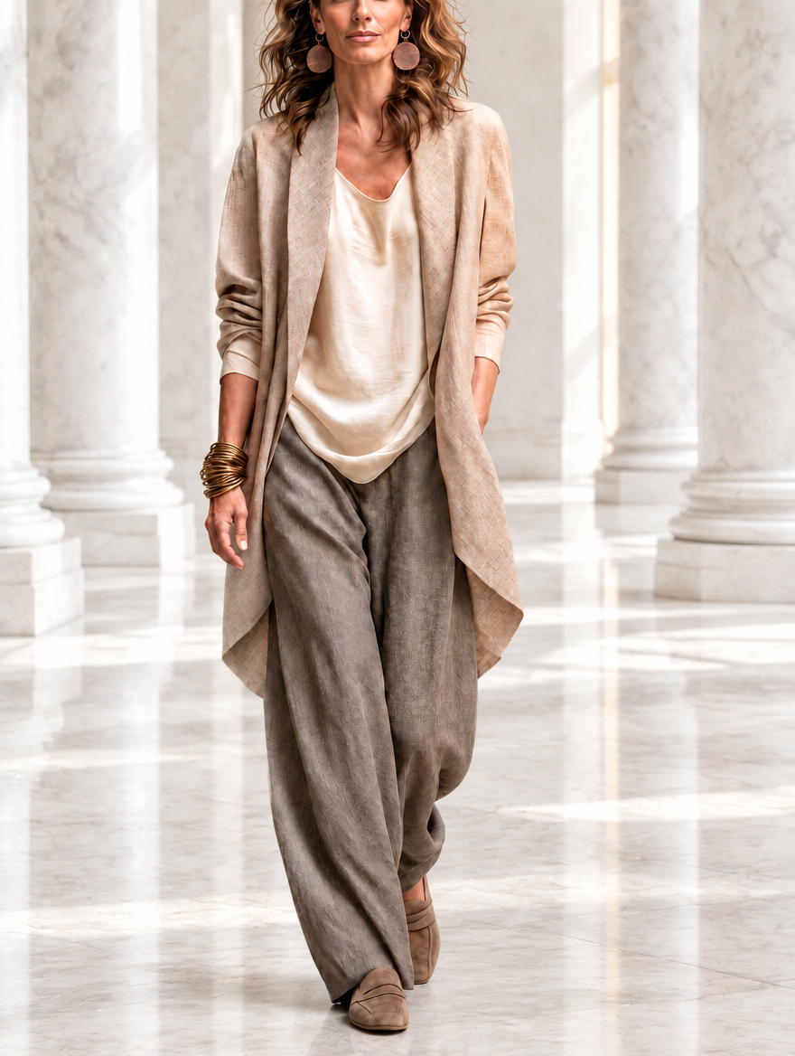 Costanza | Elegant Three-Piece Set in Beige and Grey with Layered Palazzo Trousers