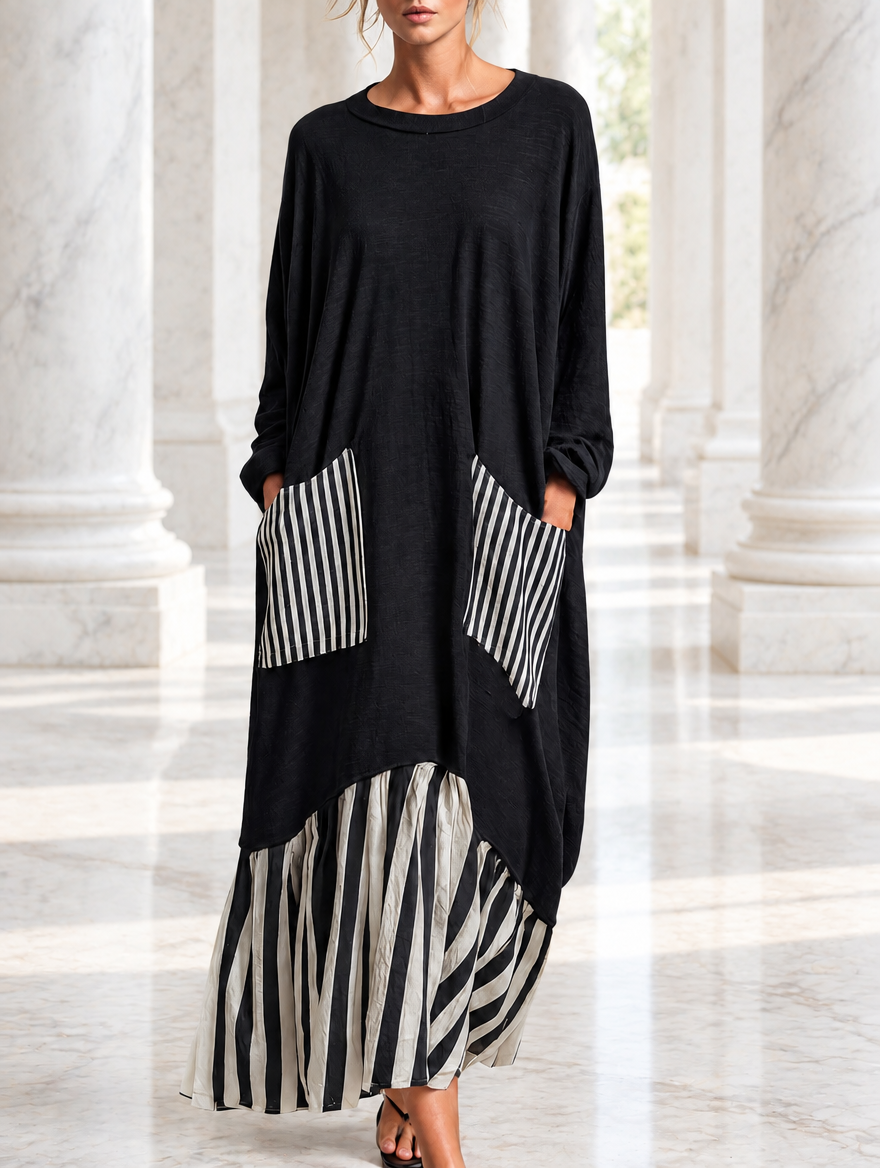 Stefania | Oversized Black Cotton Long Dress with Patchwork Stripes