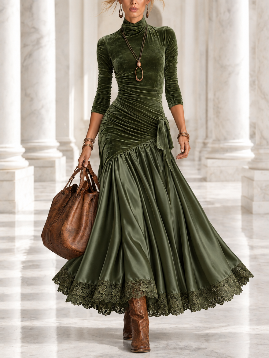Antonella | Long velvet and satin dress with panels and olive green lace hem