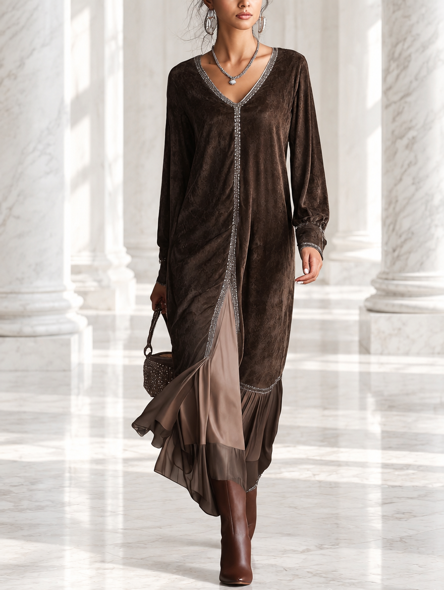 Teresa | Midi flared dress in synthetic suede with V-neck and trim detail
