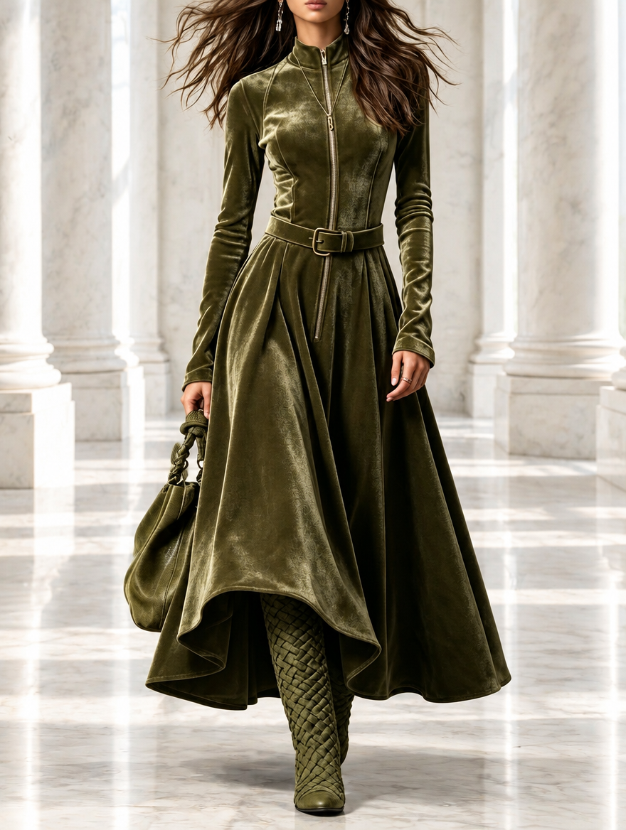 Raffaella | Long olive green velvet dress with vintage-style front zip (belt included)