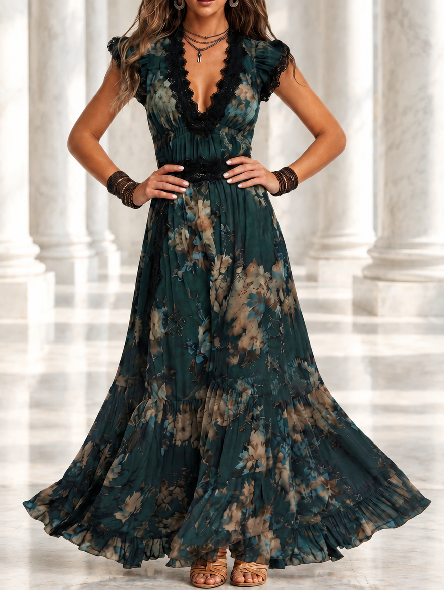 Lucia | Long vintage dark green chiffon dress with floral lace