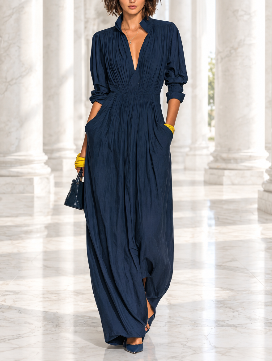 Daniela | Navy Blue Pleated Maxi Dress with V-Neck