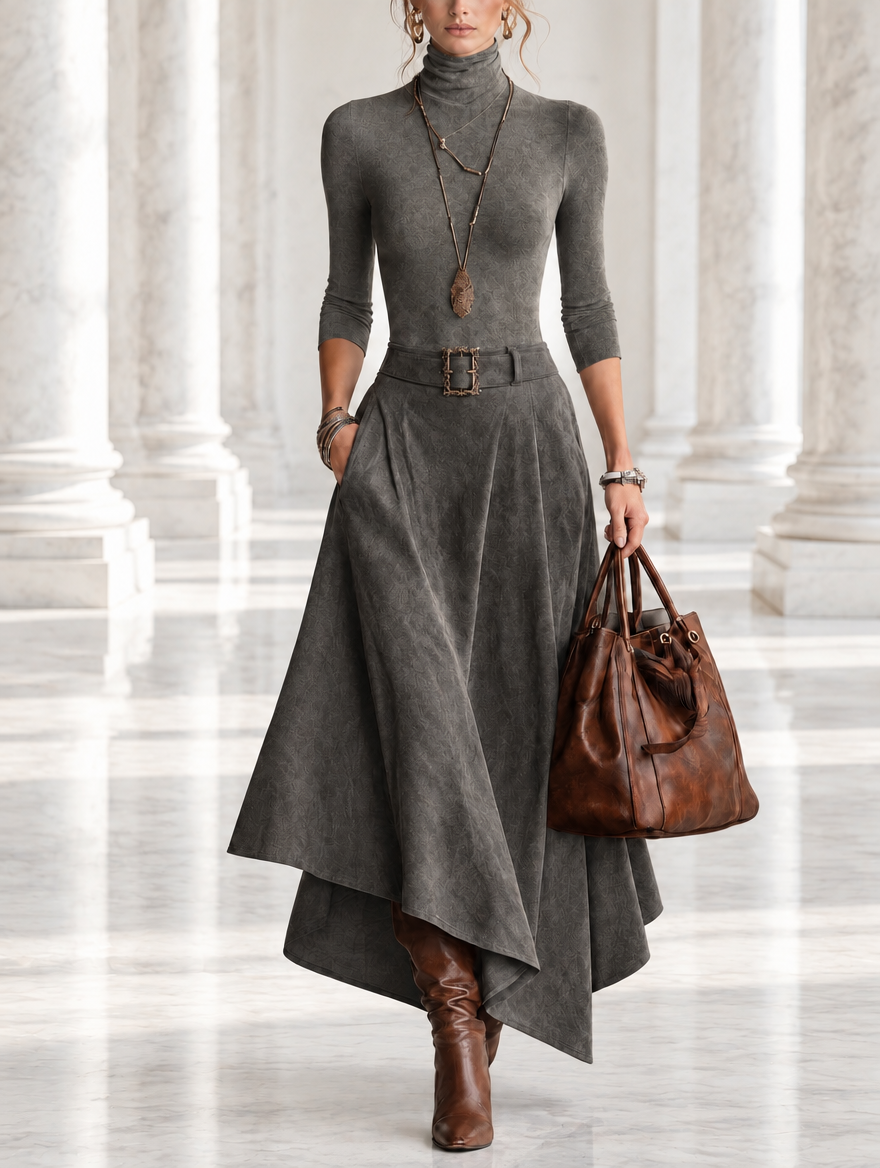 Francesca | Grey High Neck Top and Asymmetrical Midi Skirt in Synthetic Suede (with Belt)