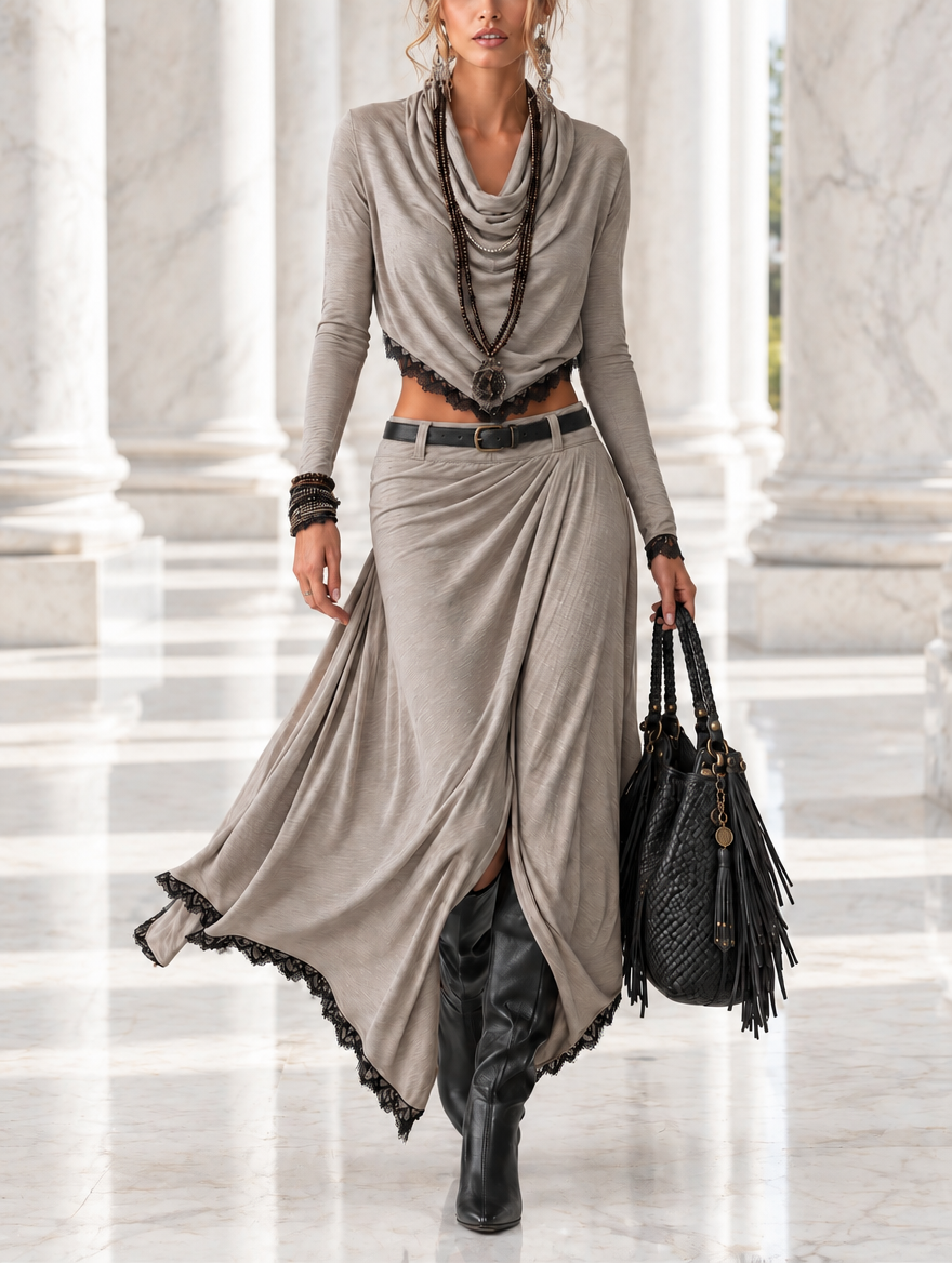 Michela | Two-piece set with a short elastic top featuring a draped grey neckline and a long skirt with a slit (belt included)