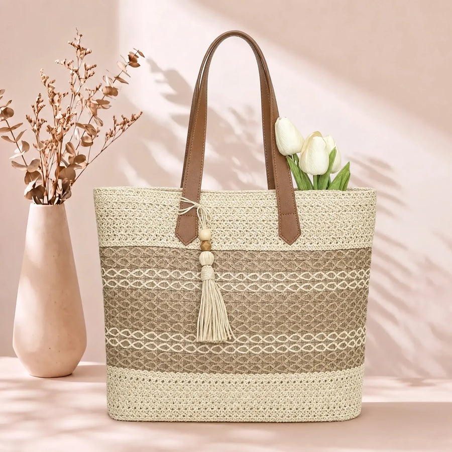 Mira | Borsa Tote in Paglia con Pompon Boho