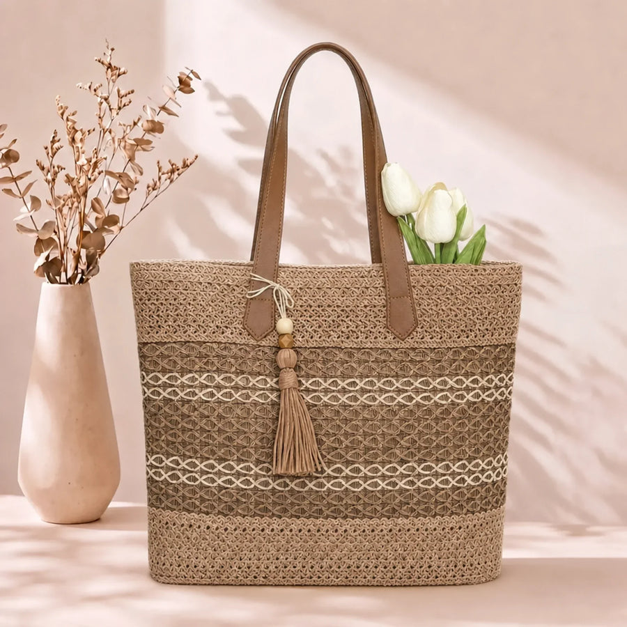 Mira | Borsa Tote in Paglia con Pompon Boho