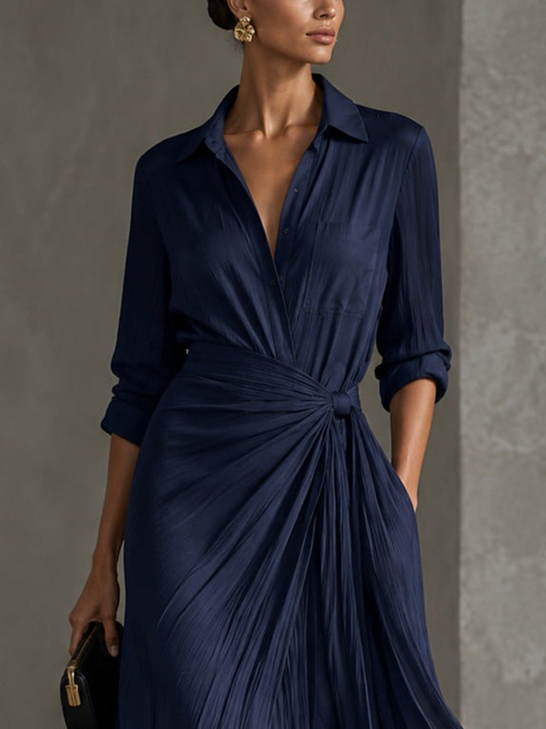 Allegra | Maxi Shirt Dress with Waist Knot, Navy Blue