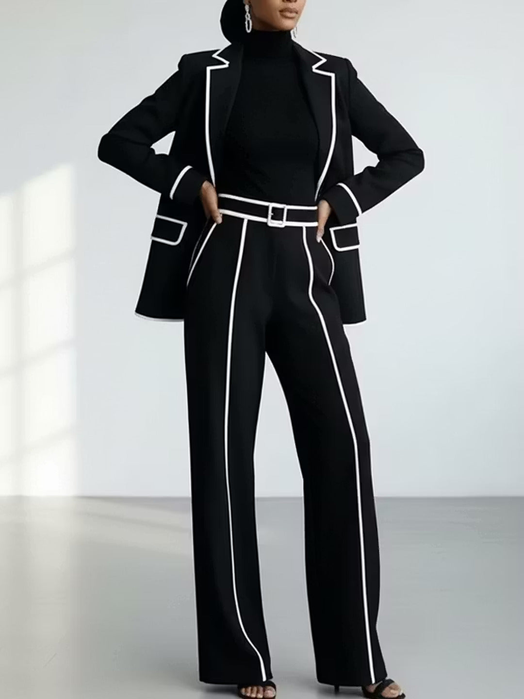Clementina | Complete Blazer and Trousers with Contrast Trim, Black