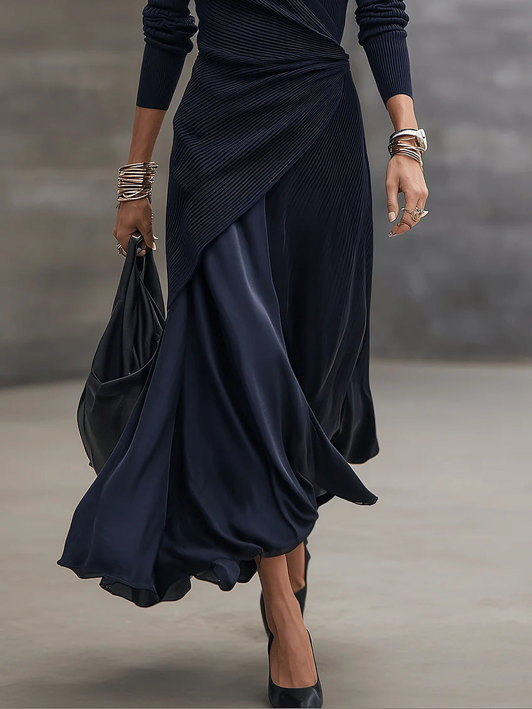 Tamara | Maxi Wrap Dress with Satin Skirt, Navy Blue