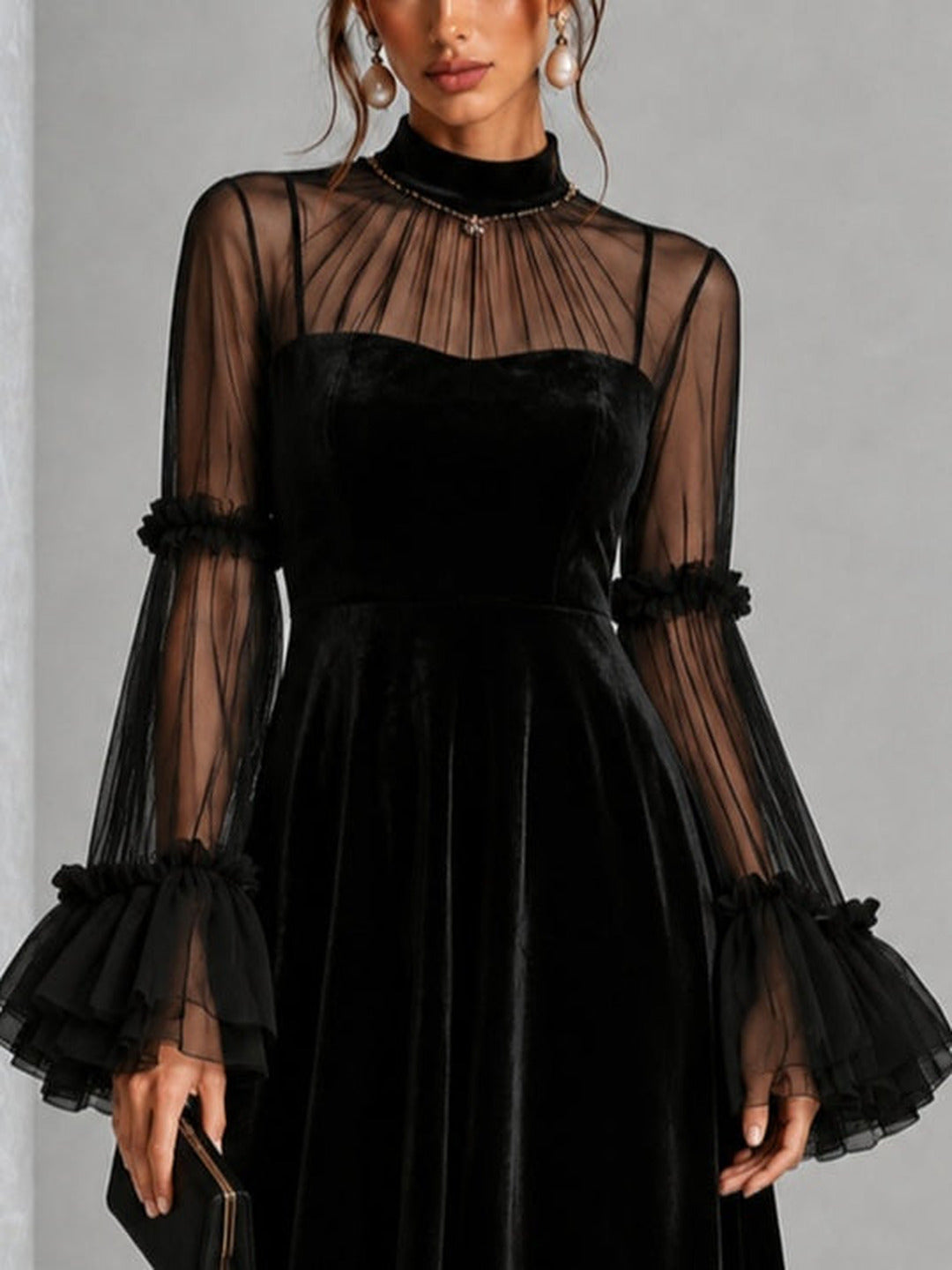 Berenice | Midi Velvet Dress with Tulle Sleeves, Black