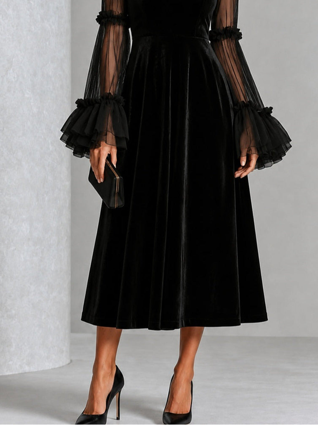 Berenice | Midi Velvet Dress with Tulle Sleeves, Black