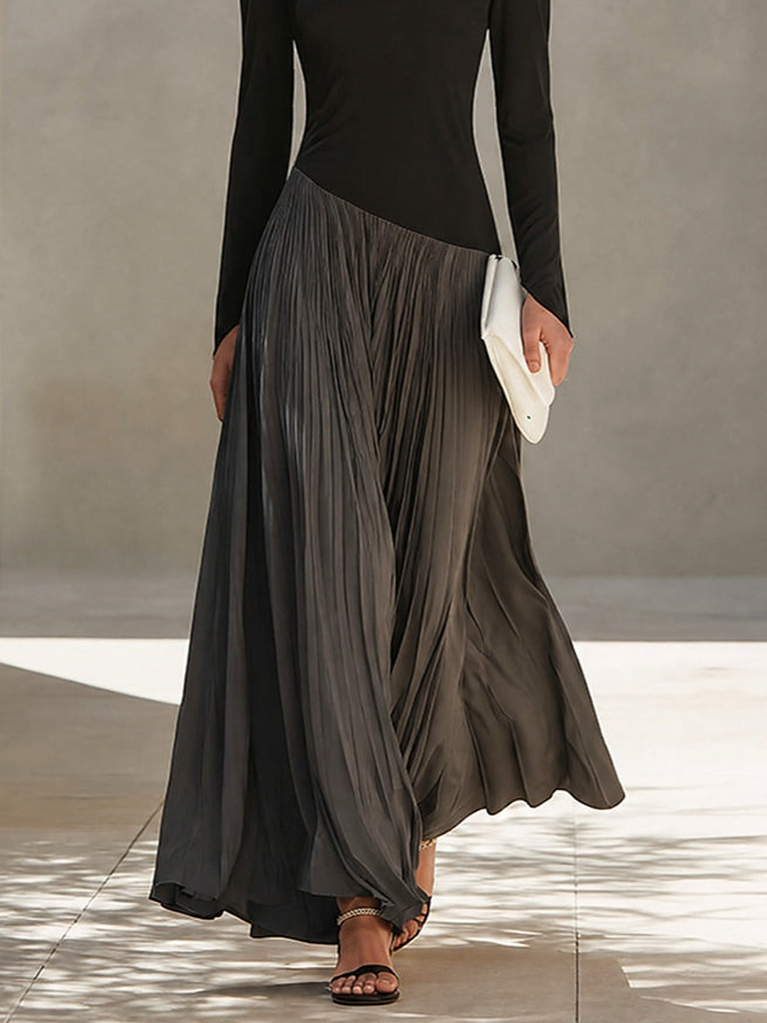Virginia | Maxi Plissé Dress with Draped Neckline, Black and Grey