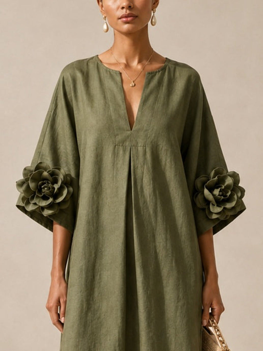 Floriana | Midi Dress with Fabric Flowers on the Sleeves, Olive Green