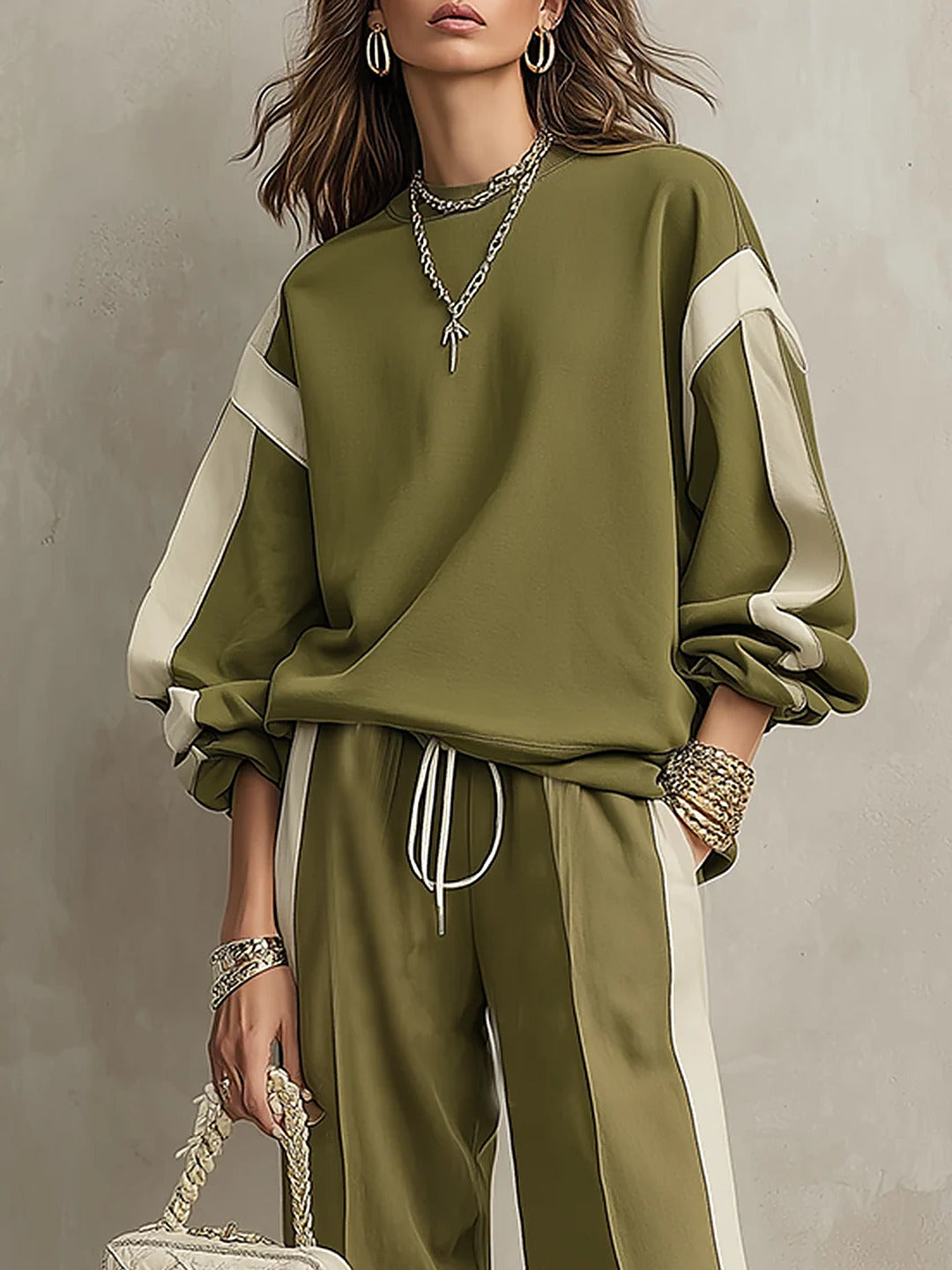 Romina | Complete Sweatshirt and Trouser Set with Side Stripe, Olive Green