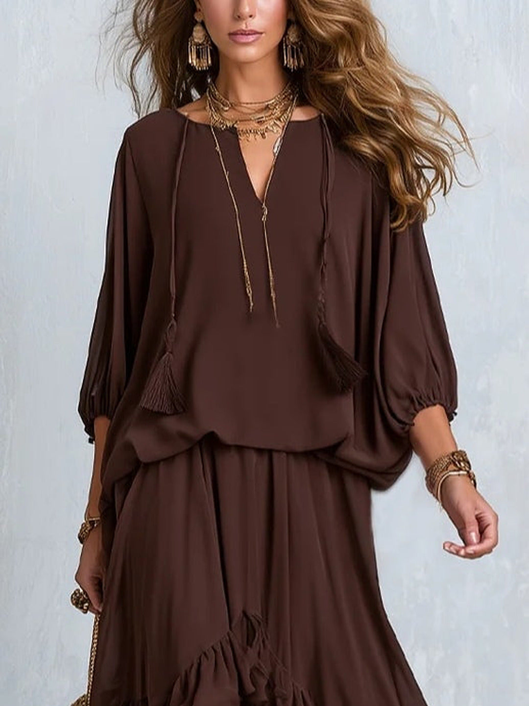 Dalila | Chiffon Top and Tiered Skirt Set, Chocolate