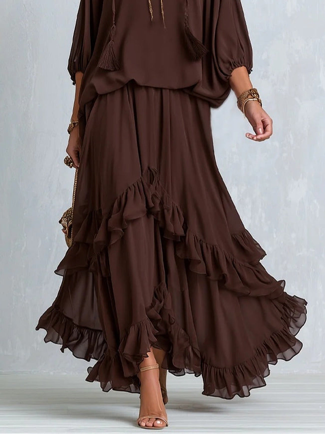 Dalila | Chiffon Top and Tiered Skirt Set, Chocolate