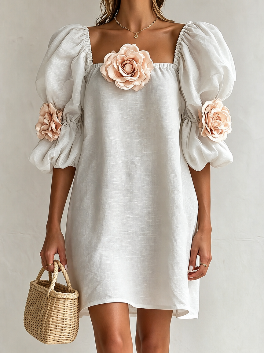 3D Floral Appliqué Square Neck Puff Sleeve Loose Mini Dress